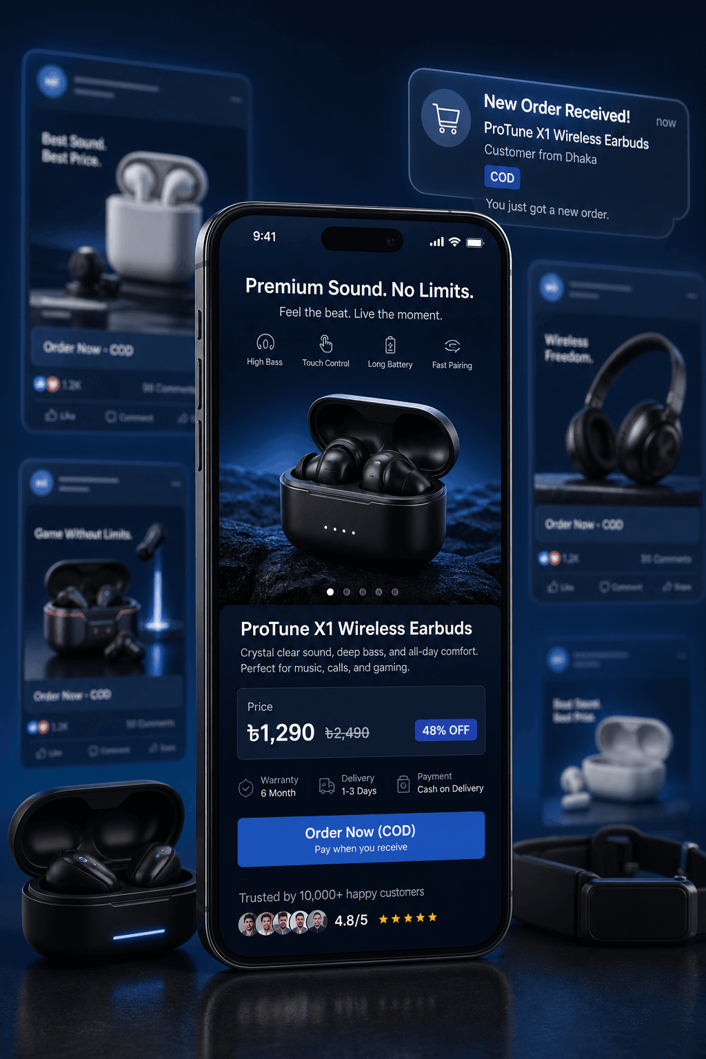 Wireless earbuds landing page with COD and Facebook ads