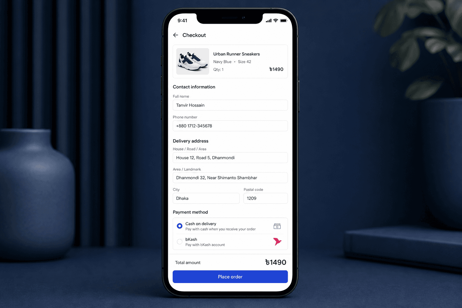 COD and bKash checkout form on mobile